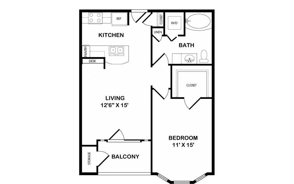 A - 1 bedroom floorplan layout with 1 bath and 664 square feet.