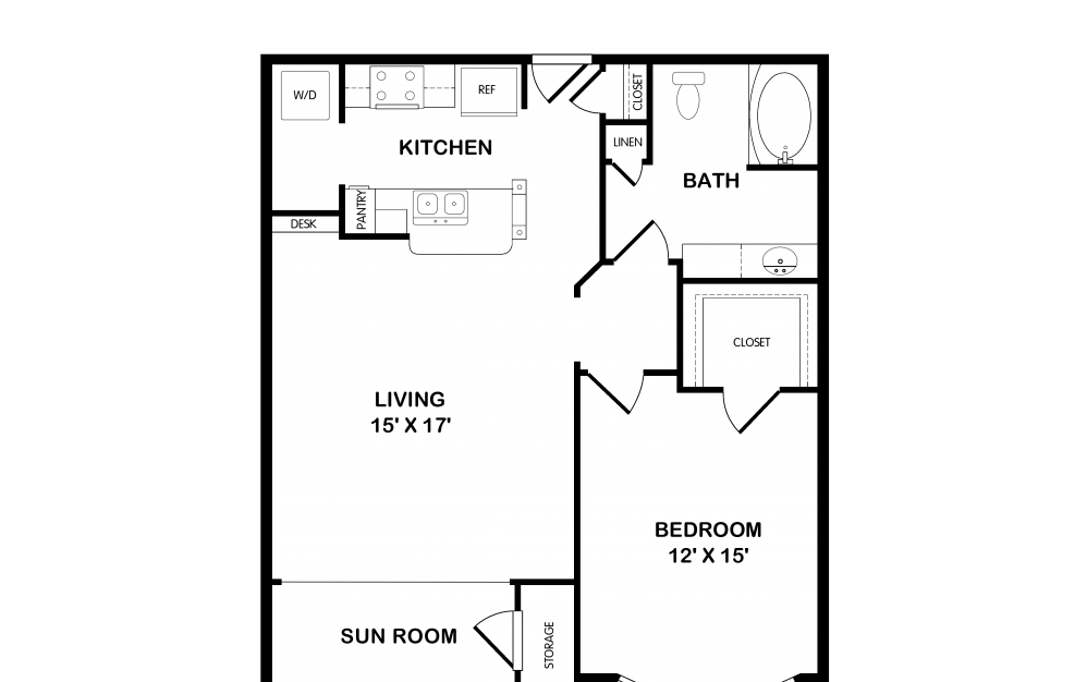 Bs - 1 bedroom floorplan layout with 1 bath and 887 square feet.