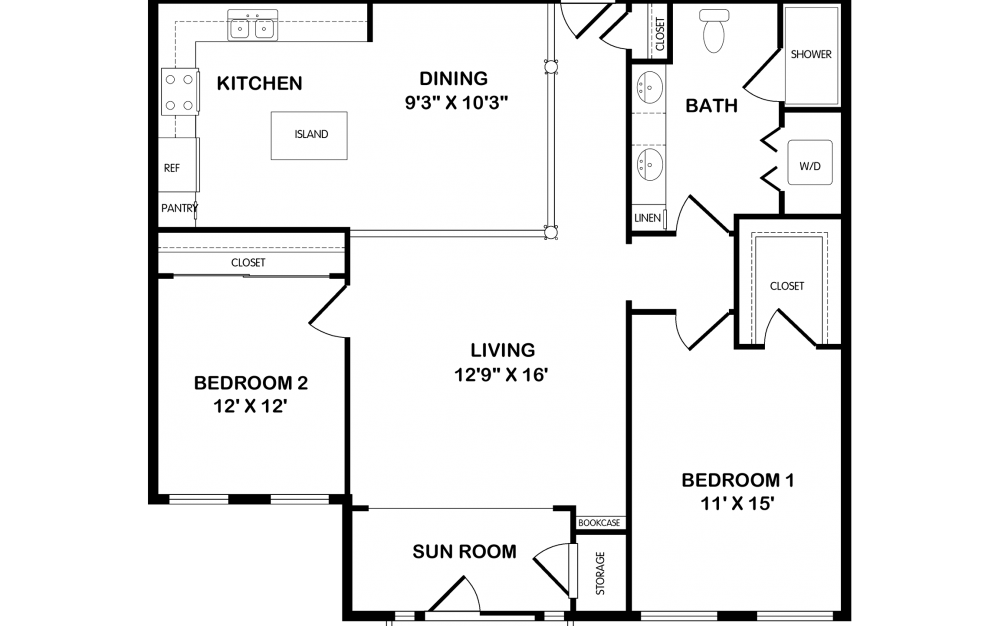 Es Alt - 2 bedroom floorplan layout with 1 bath and 1160 square feet.