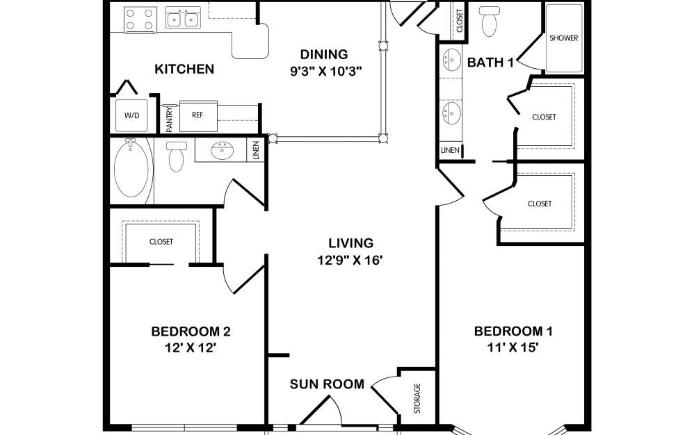 Es - 2 bedroom floorplan layout with 2 baths and 1232 square feet.