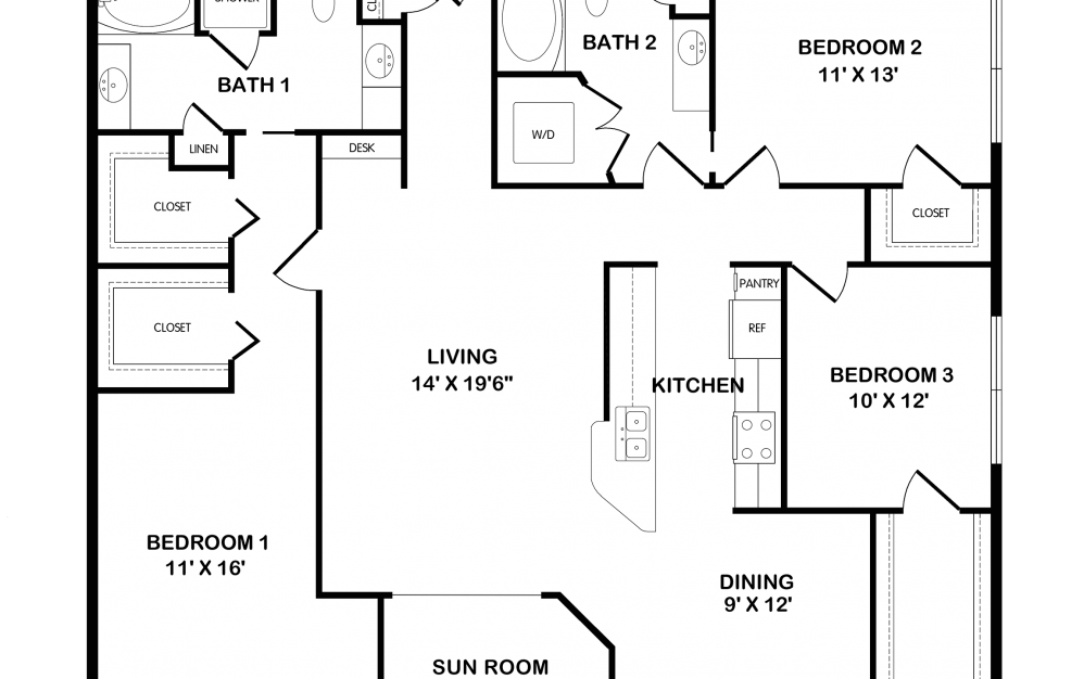 Gs - 3 bedroom floorplan layout with 2 baths and 1774 square feet.